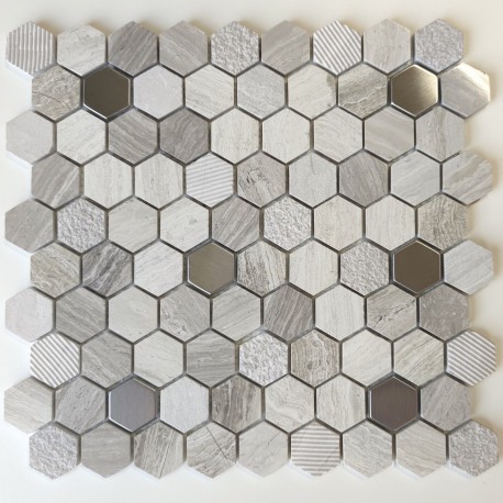 Mosaico hexagonal en piedra y metal para ducha y baño Bellona Beige